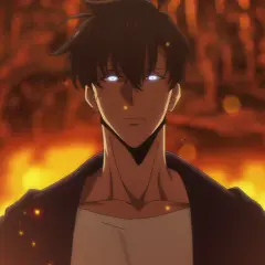 Sung Jinwoo z solo leveling anime z płonącymi oczami na tle ognia.