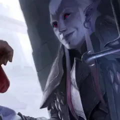 Uśmiechnięty hexblade warlock z czerwonymi oczami otrzymuje sakiewkę. Jego miecz lśni mroczną magią.