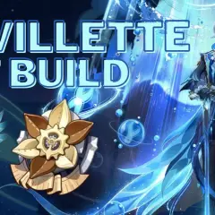 Neuvillette z Genshin Impact w niebieskim stroju, obok artefaktów. Tekst "NEUVILLETTE BEST BUILD" sugeruje poradnik.