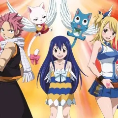 Postacie z anime Fairy Tail: Gray, Natsu, Wendy, Lucy, Erza oraz latające koty Happy i Carla.