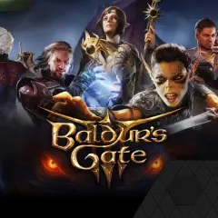 Postacie z Baldur's Gate 3 na tle miasta, gra dostępna w GeForce NOW.