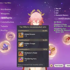 Yae Miko's recommended artifact sets: Gilded Dreams, Golden Troupe, Gladiator's Finale, Thundering Fury.