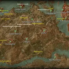 Mapa z Wiedźmina 3, z zaznaczonymi miejscami, w tym "Wyśmienity pancerz niedźwiedzia" - klucz do zdobycia zbroi Wiedźmin 3 niedźwiedzia.