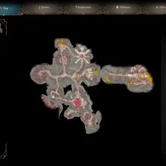 Mapa BG3 akt 2: Morgue. Widoczna jest mapa podziemi z zaznaczonymi punktami, w tym sojusznikiem i wrogami.