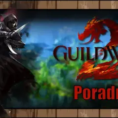 Mroczny zabójca z sztyletami, symbolizujący **guild wars 2 klasy**, na tle logo gry i napisu "Poradnik".