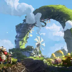 Dwaj bohaterowie w zbrojach przemierzają malowniczy świat, który mógłby być tłem dla Guild Wars 3. Wiatrak i bujna roślinność tworzą magiczną atmosferę.