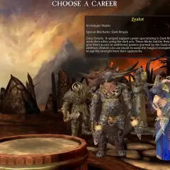 Wybór klasy Zealot w Warhammer Online. Postacie w mrocznych szatach i zbrojach, gotowe do walki.