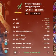 Xiangling z Genshin Impact, poziom 90, z włócznią Primordial Jade Winged-Spear i artefaktami Emblem of Severed Fate.