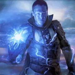 Mroczny mag uwalnia eldritch blast, niebieska energia rozświetla jego dłoń i otoczenie.
