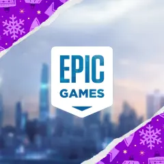 Logo Epic Games na tle miasta, otoczone świątecznymi ozdobami. Czyżby zapowiedź kolejnych epic games leaks?