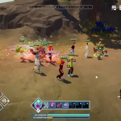 Grupa graczy walczy z potworami w grze MMORPG, przypominającej Cabal Online private server. Widać interfejs gry z paskami HP i XP.