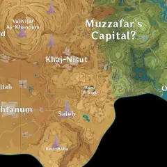 Mapa Genshin Sumeru z zaznaczonymi lokacjami: Gurabad, Tulaytullah, Akhtanum, Valivija/Ay-Khanoum, Khaj-Nisut, Aaru Village, Saleh, Beit-Raha i Orghana.