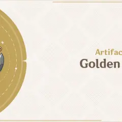 Przewodnik po zestawie artefaktów Golden Troupe z Genshin Impact. Biały kwiat z złotymi detalami.