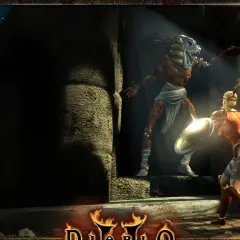Wojowniczka z tarczą i włócznią walczy z potworem w masce faraona. To mroczna przygoda na ścieżce Diablo.