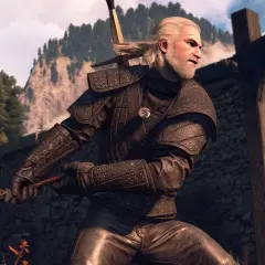 Geralt w zbroi zapomnianego wilka, z mieczem w dłoni, gotowy do walki. W tle góry i ruiny zamku.
