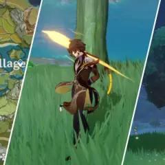 Mapa Qingce Village, postać z Genshin Impact zbierająca sandbearer wood, nocny krajobraz z drzewem.
