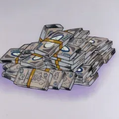 Góra pieniędzy, stos banknotów z napisem "100" i symbolami, jakby to były zeni.