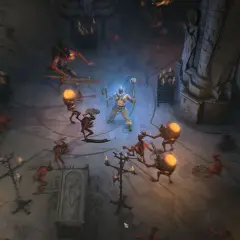 Wojownik na **diablo 4 max level** walczy z hordą demonów w mrocznym lochu.