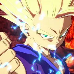 Gohan w formie Super Saiyanina, otoczony niebieskimi błyskawicami, gotowy do walki w grze Dragon Ball RPG.