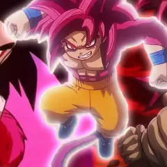 Goku Super Saiyan 4 w akcji, otoczony różową aurą, szykuje się do ataku. Obok niego widać inne postacie w tej samej formie.