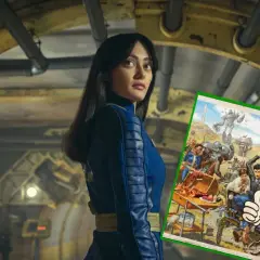 Kobieta w niebieskim kombinezonie Vault-Tec na tle postapokaliptycznego krajobrazu z gry Fallout online.
