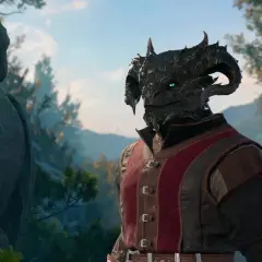 Warlock BG3, smoczy wojownik z zielonymi oczami, stoi obok kamiennego posągu ptaka, w tle góry i las.