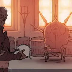 Mroczny wojownik w zbroi trzyma hełm, stojąc przed tronem. Scena z Dragon Age: Inquisition, gdzie smoki są zagrożeniem.