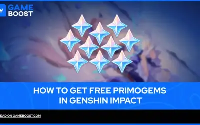 Dziesięć błyszczących kryształów Primogem na tle postaci z Genshin Impact. Poradnik, jak zdobyć darmowe Primogemy w Genshin Impact, idealny na każdy event.