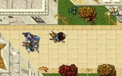 Postacie z gry Tibia na rynku, jedna na koniu, druga na bestii.