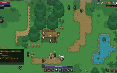Postać w zbroi walczy z przeciwnikami w świecie Fantasy Online 2. W tle las, chat i jezioro.