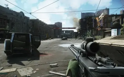 Widok z perspektywy gracza na zniszczone miasto, z otwartymi drzwiami czarnego SUV-a i widoczną bronią. Czas na nowy tarkov wipe!