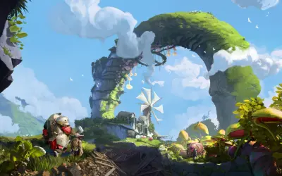 Dwaj bohaterowie w zbrojach przemierzają malowniczy świat, który mógłby być tłem dla Guild Wars 3. Wiatrak i bujna roślinność tworzą magiczną atmosferę.