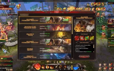 W grze League of Angels trwa wydarzenie "Alliance Forbidden Territory". Gracze walczą o terytoria, a w tle widać potężnego anioła.