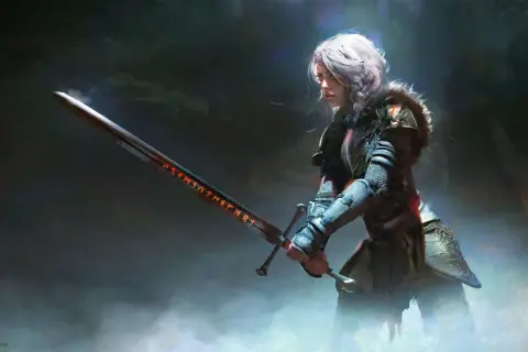 Wojowniczka z runicznym mieczem, gotowa do walki. Prawdziwy great weapon master 5e.