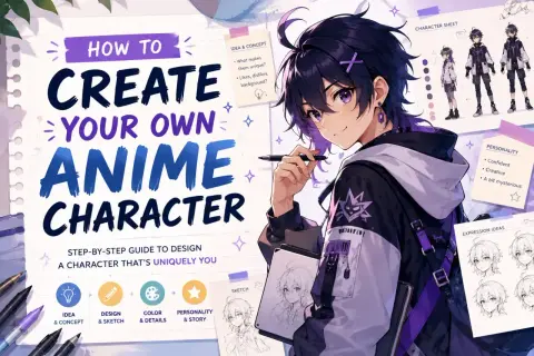 Ilustracja pokazuje proces tworzenia postaci anime. Młody artysta z fioletowymi włosami szkicuje, otoczony materiałami do projektowania postaci.