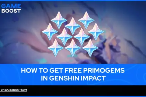 Dziesięć błyszczących kryształów Primogem na tle postaci z Genshin Impact. Poradnik, jak zdobyć darmowe Primogemy w Genshin Impact, idealny na każdy event.