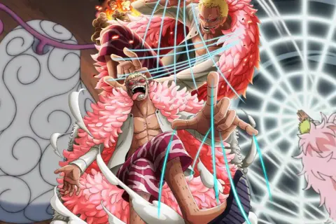 Doflamingo z One Piece w akcji, otoczony swoimi różowymi piórami i niebieskimi nićmi.