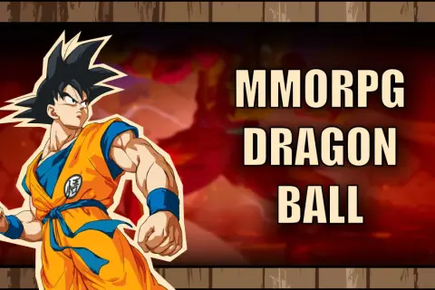 Goku w pomarańczowym gi szykuje się do walki w strefie Dragon Ball. Napis "MMORPG DRAGON BALL" zapowiada grę.