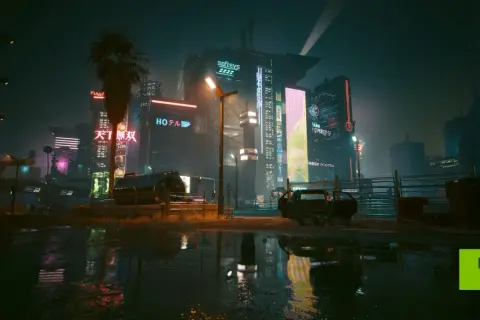 Nocne Night City po aktualizacji Cyberpunk 2077. Neonowe reklamy odbijają się w kałużach, a zniszczony samochód stoi obok.