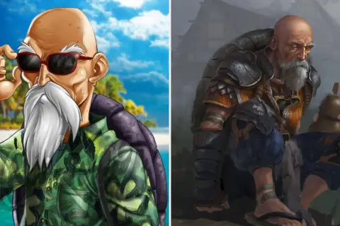 Master Roshi w okularach przeciwsłonecznych na plaży i ten sam mistrz w zbroi, z brodą i butelką.