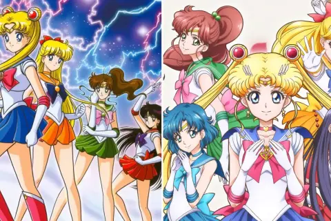 Sailor Moon anime: wojowniczki w strojach z błyskawicami i kwiatami.