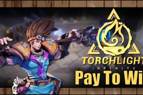 Postać z gry Torchlight: Infinite z młotem, obok logo gry i napisu "Pay To Win".