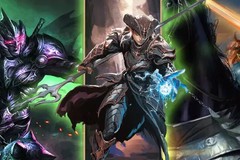Eldritch knight w zbroi, z mieczem i magiczną kulą energii. Obok mroczna postać i ork.