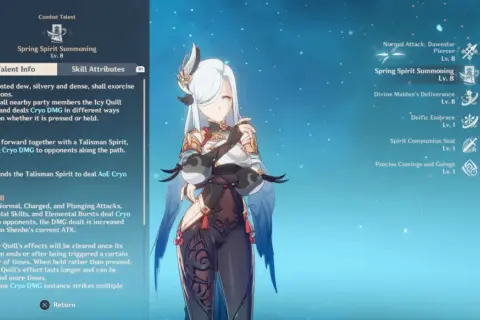 Postać Shenhe z Genshin Impact, prezentująca jej umiejętności bojowe, w tym "Spring Spirit Summoning" i "Icy Quill", które zadają obrażenia Cryo.