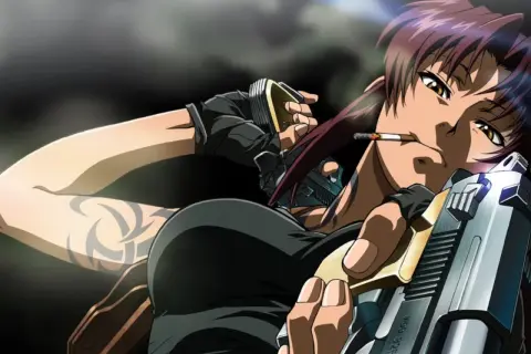 Revy z anime Black Lagoon z papierosem w ustach i pistoletami w dłoniach.