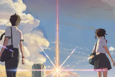 Chłopiec i dziewczyna patrzą na niebo, gdzie rozbłyska światło. Czy to znak, że ich losy się połączą, jak w "Kimi no na"?