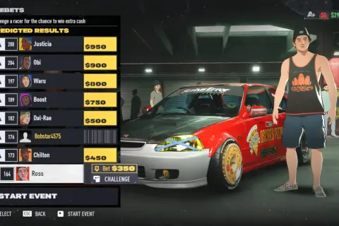 Gracz w grze NFS Edge przygotowuje się do wyzwania, wybierając przeciwnika z listy.