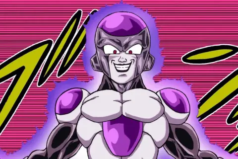 Złowrogi Frieza z Dragon Ball, otoczony fioletową aurą, uśmiecha się złowieszczo na tle różowych linii i żółtych błyskawic.