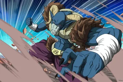 Moro, potężny złoczyńca z Dragon Ball, w akcji. Jego niebieska skóra i rogi dodają mu groźnego wyglądu.