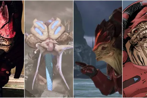 Cztery różne ujęcia Wrex z Mass Effect: groźny wojownik, jego głowa z bliska, w zbroi i w komiksowym stylu.